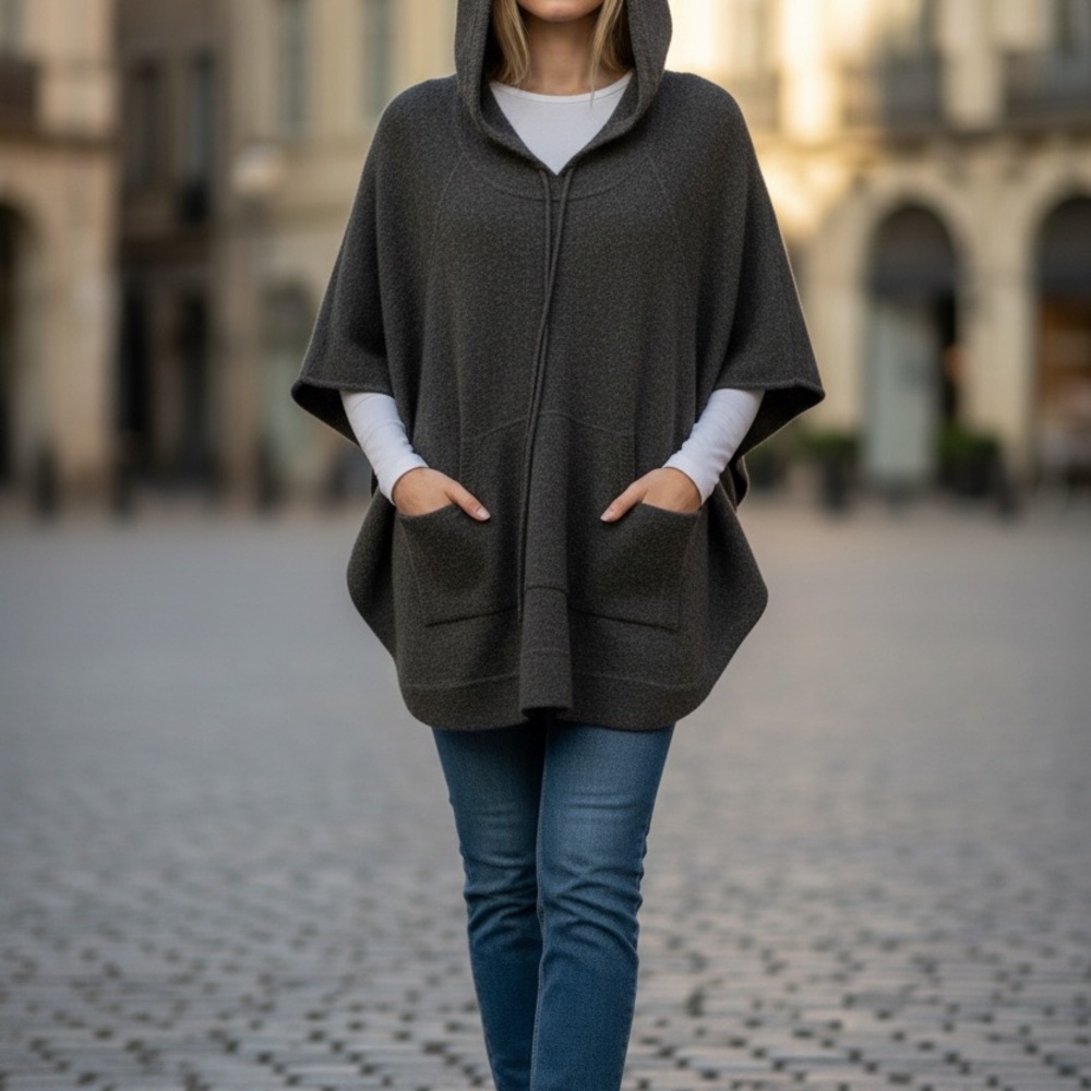 Autumn Cashmere Dark Gray Hooded‎ Poncho- S